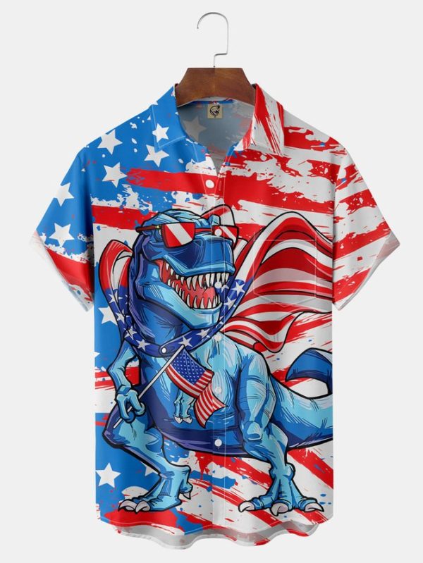 Big Size Flag Dinosaur Chest Pocket Short Sleeve Shirt Hawaiian Shirt Jezsport.com