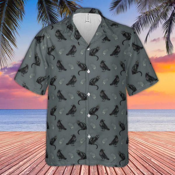 Cat And Raven Edgar Allan Poe Pattern Hawaiian Shirt Jezsport.com