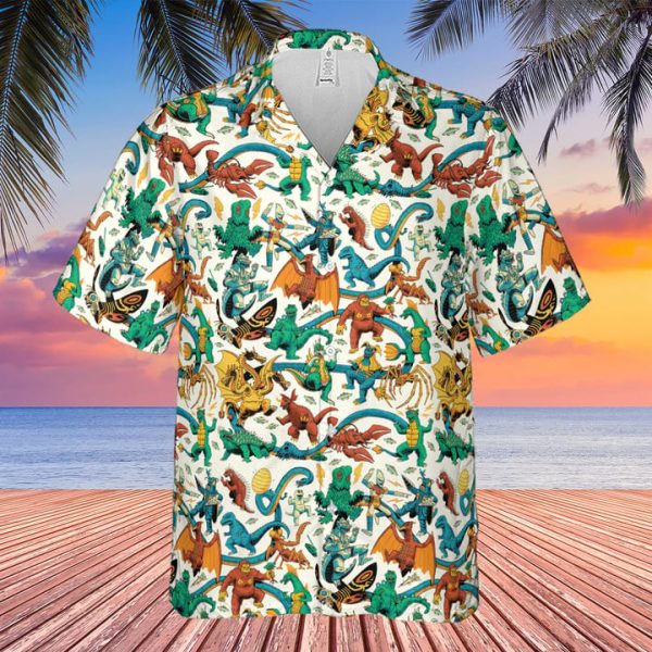 Showa Era Monsters Kaiju Battles Hawaiian Shirt Jezsport.com