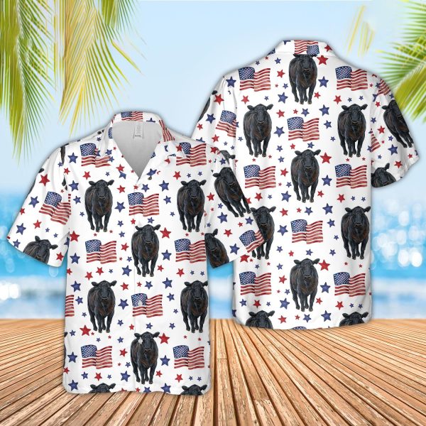 Unique Black Angus American Flag Pattern Hawaiian Shirt Jezsport.com