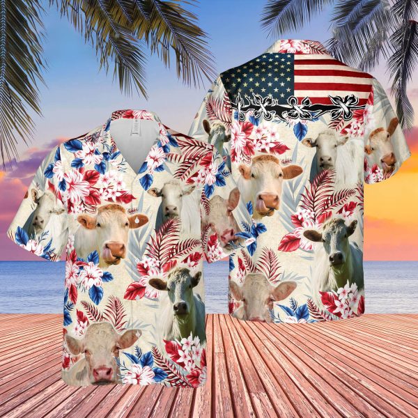 Unique Charolais Cattle American Flag Hawaiian Flowers All Over Printed 3D Hawaiian Shirt Jezsport.com