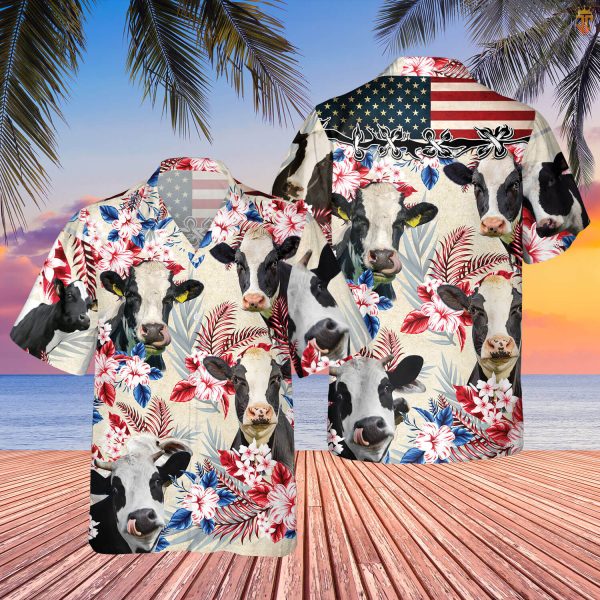 Unique Holstein Friesian Cattle American Flag Hawaiian Shirt Jezsport.com