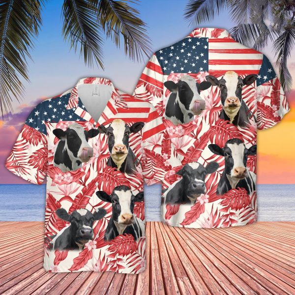 Unique Holstein Red Floral US Flag 3D Hawaiian Shirt Jezsport.com