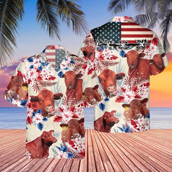 Unique Red Angus Cattle American Flag Flowers Hawaiian Shirt Jezsport.com