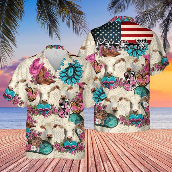 Unique Charolais Happiness Flowers 3D Hawaiian Shirt Jezsport.com