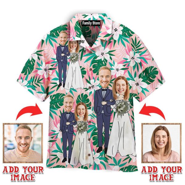 Funny Custom Face Happy Wedding Couple Flower Tropical Hawaiian Shirt Jezsport.com