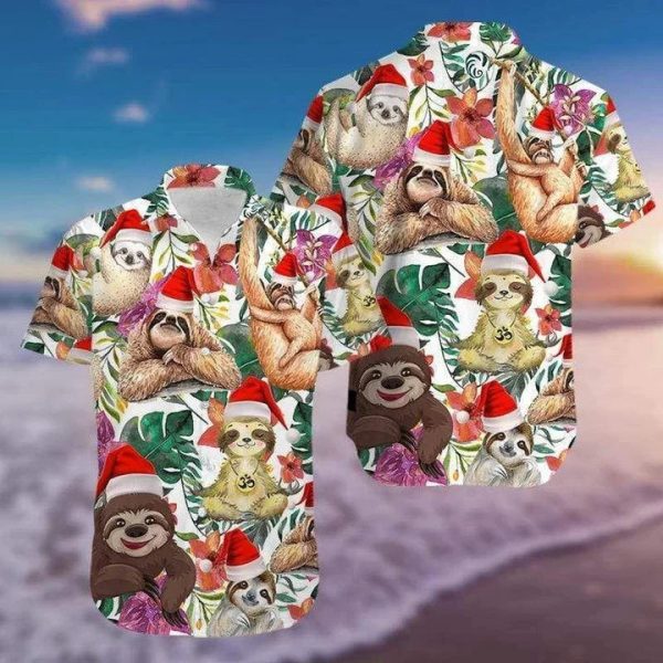 Funny Sloth Merry Christmas Tropical Leaves Vintage Style Hawaiian Shirt Jezsport.com