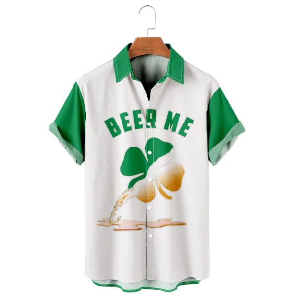 St. Patrick's Four Leaf Clover Beer Casual Loose Hawaiian Shirt Jezsport.com