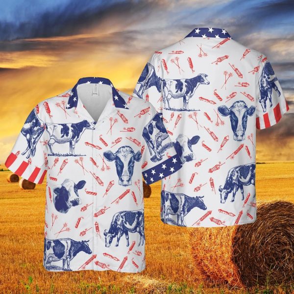 Independence Day Fire Cracker Holstein Friesian Cattle Hawaiian Shirt Jezsport.com