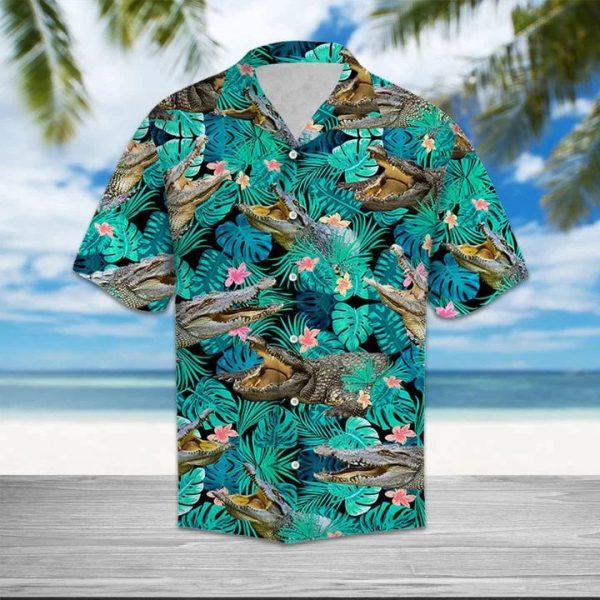 Hiding Crocodiles Tropical Palm Leaves Summer Hawaiian Shirt Jezsport.com