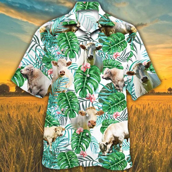 Charolais Cattle Lovers Tropical Plant Hawaiian Shirt For Men Jezsport.com