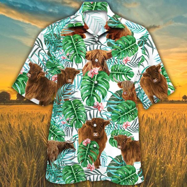 Highland Cow Cattle Lovers Tropical Plant Hawaiian Shirt Jezsport.com