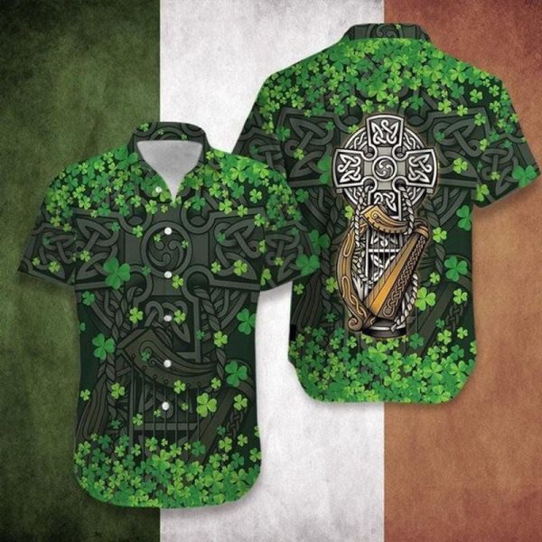 Irish St Patrick's Day The Celtic Cross Harp Hawaiian Shirt Jezsport.com