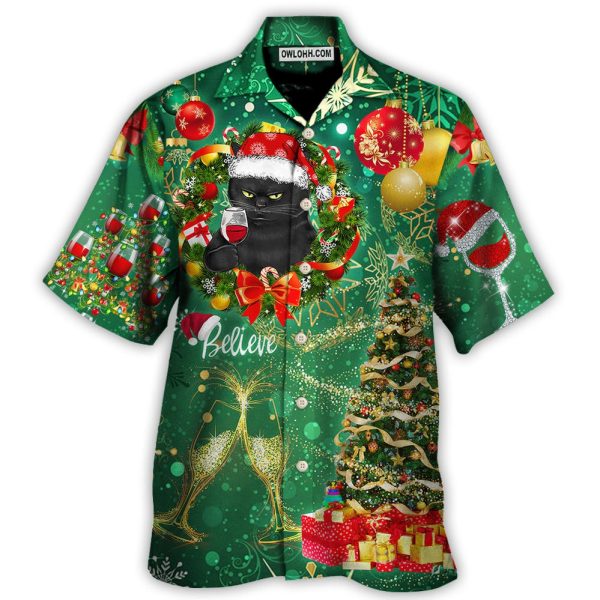 Christmas Black Cat Drinking Happy Christmas Tree Green Light - Hawaiian Shirt Jezsport.com