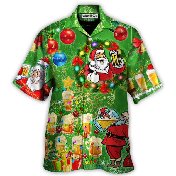 Christmas Funny Santa Claus Drinking Beer Happy Christmas Tree Green Light - Hawaiian Shirt Jezsport.com