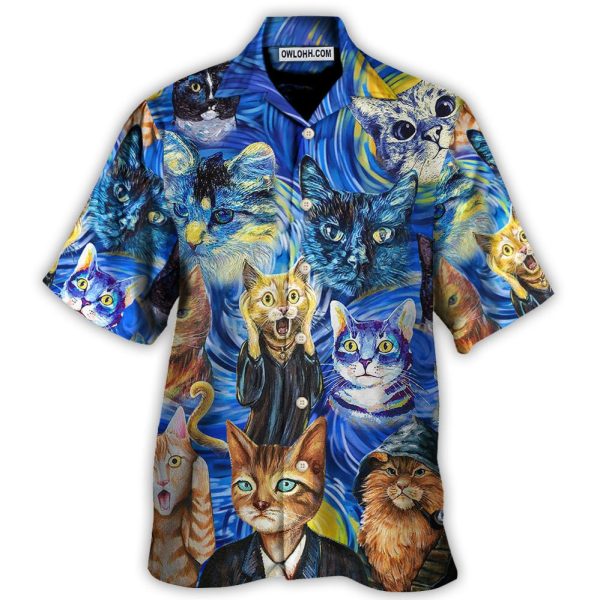 Cat Starry Night Funny Cat Painting Art Style - Hawaiian Shirt Jezsport.com