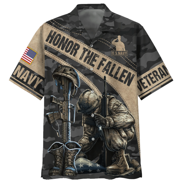 Honor The Fallen Kneeling Soldier And Gun U.S Navy Veteran Hawaiian Shirt Jezsport.com