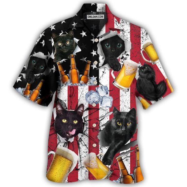 Beer And Black Cat American Flag Vintage - Hawaiian Shirt Jezsport.com