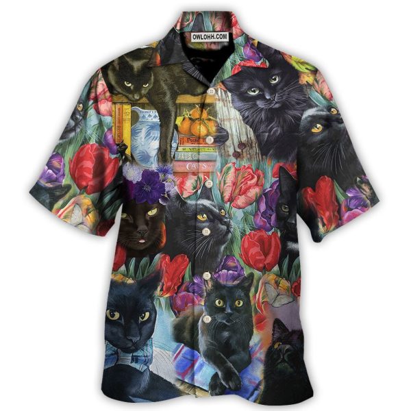 Black Cat Art With Flowers - Hawaiian Shirt Jezsport.com