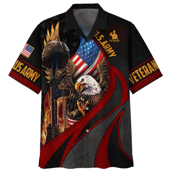 Eagle Wingspan Eagle U.S. Army Veteran Red Black Hawaiian Shirt Jezsport.com