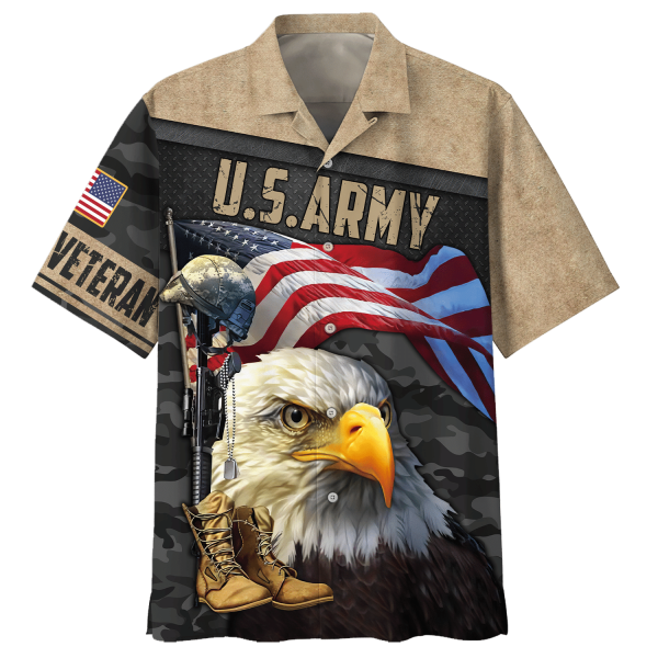 Eagle U.S. Army Veteran Red Black Aloha Hawaiian Shirt Jezsport.com