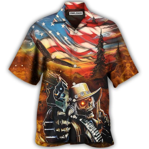 Skull Cowboy Shot Gun American Flag Vintage - Hawaiian Shirt Jezsport.com