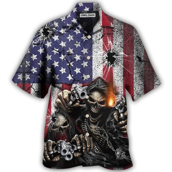 Skull Shot Gun American Flag Vintage - Hawaiian Shirt Jezsport.com