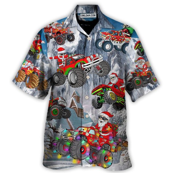 Christmas Santa Claus Riding Red Truck Snow Mountain Art Style - Hawaiian Shirt Jezsport.com