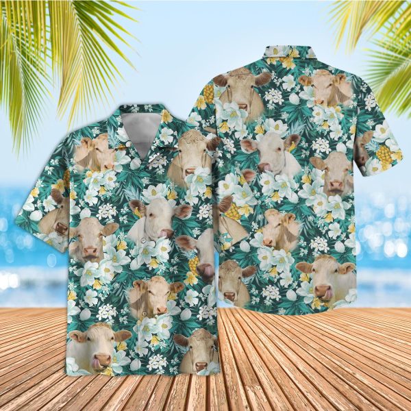 Unique Charolais Floral Blue Summer 3D Hawaiian Shirt Jezsport.com