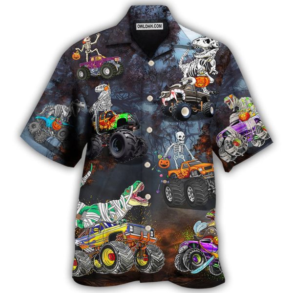 Halloween Skeleton Dinosaur Driving Monster Truck - Hawaiian Shirt Jezsport.com