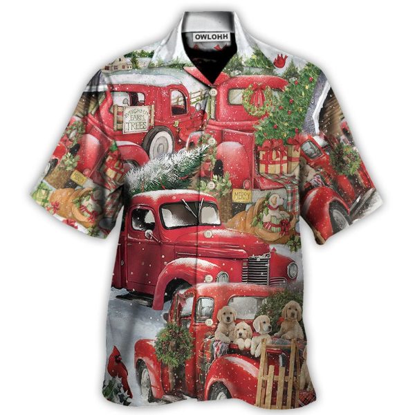 Christmas Red Truck With Xmas Tree And Little Puppy - Hawaiian Shirt Jezsport.com