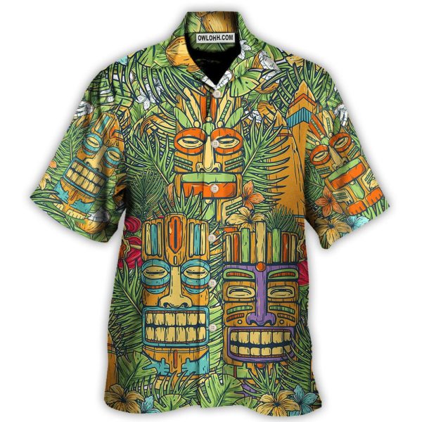 Tiki Mask Tropical Hawaii Sur Board And Palm Leaves - Hawaiian Shirt Jezsport.com