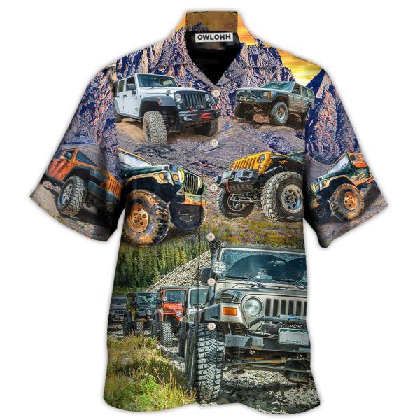 Jeep In The Mountain Sunset Vintage Art Style - Hawaiian Shirt Jezsport.com