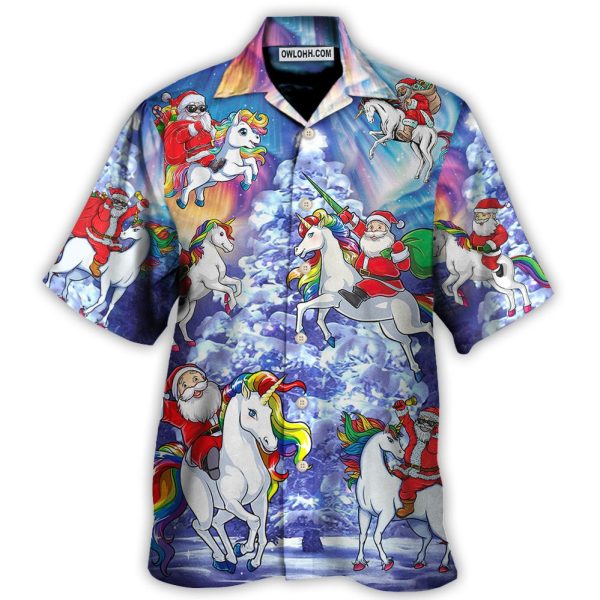 Christmas Santa Claus Riding Unicorn Snow Mountain Art Style - Hawaiian Shirt Jezsport.com