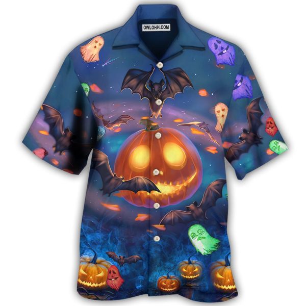 Halloween Glowing Pumpkins By Night With Bat - Hawaiian Shirt Jezsport.com