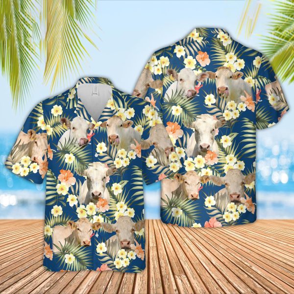 Unique Charolais Summer Blue Floral 3D Hawaiian Shirt Jezsport.com