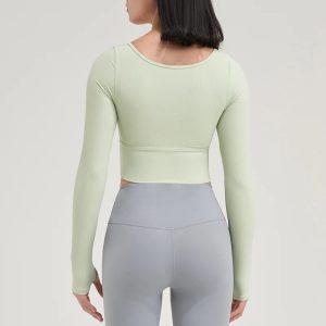 Gym Yoga Shirts Women Tops Long Sleeve Threaded Sportswear Sport Crop Top Chest Pad Thumb Hole Elastic Breathable