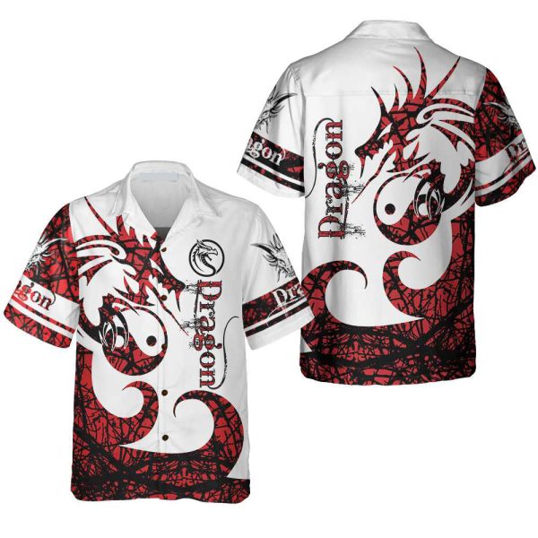 3D Dungeon Dragon Tattoo Hawaiian Shirt, White And Red Chinese Dragon Shirt