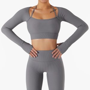 Rib Fabric Yoga Shirts Crop Top Seamless Long Sleeve Sports Bra Sport Fitness Workout Tops Gym t Shirt Women 7 Colors