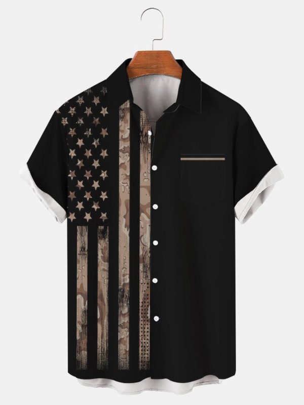 Mens American Flag Print Lapel Loose Short Sleeve Trendy Hawaiian Shirt Jezsport.com