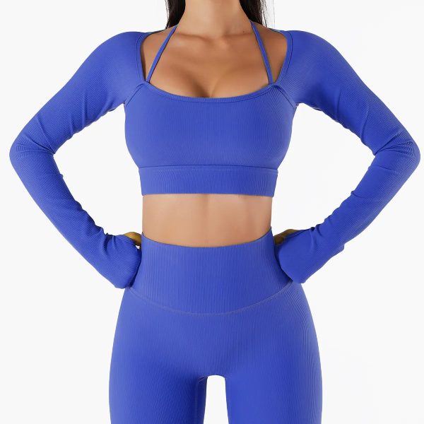 Rib Fabric Yoga Shirts Crop Top Seamless Long Sleeve Sports Bra Sport Fitness Workout Tops Gym t Shirt Women 7 Colors