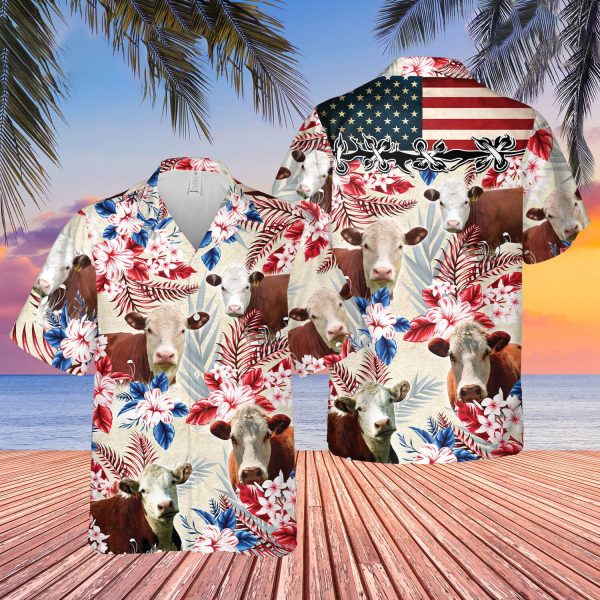 Unique Hereford Cattle American Flag Hawaiian Flowers All Over Printed 3D Hawaiian Shirt Jezsport.com