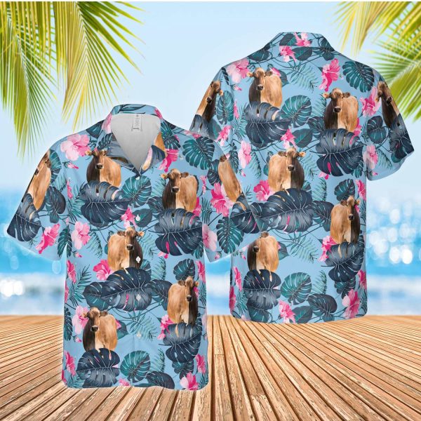 Unique Brown Swiss Blue Hibiscus Hawaiian Shirt Jezsport.com