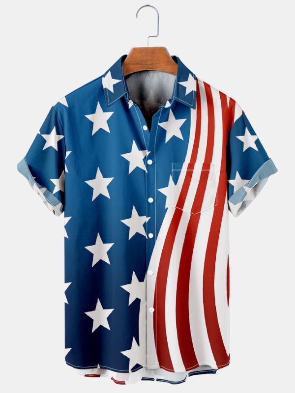 Mens American Flag Casual Breathable Chest Pocket Short Sleeve Hawaiian Shirt Jezsport.com