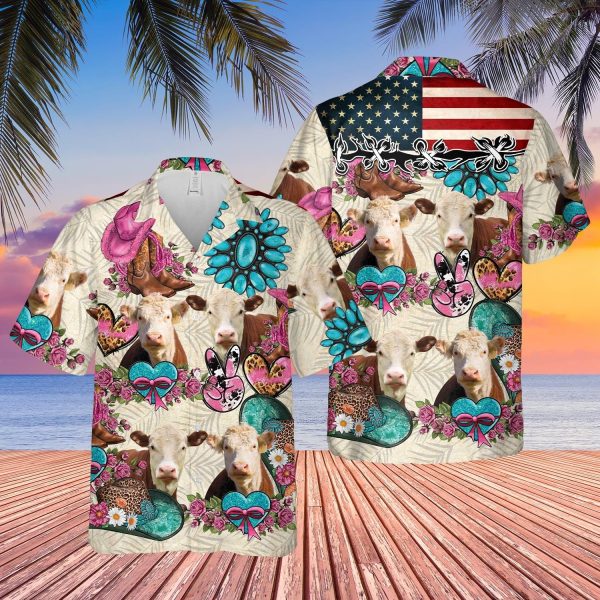 Unique Hereford Happiness Flowers 3D Hawaiian Shirt Jezsport.com