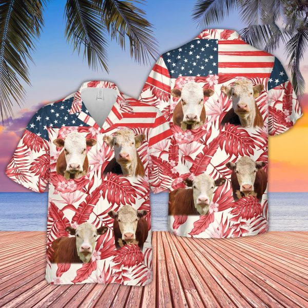 Unique Hereford Red Floral US Flag 3D Hawaiian Shirt Jezsport.com