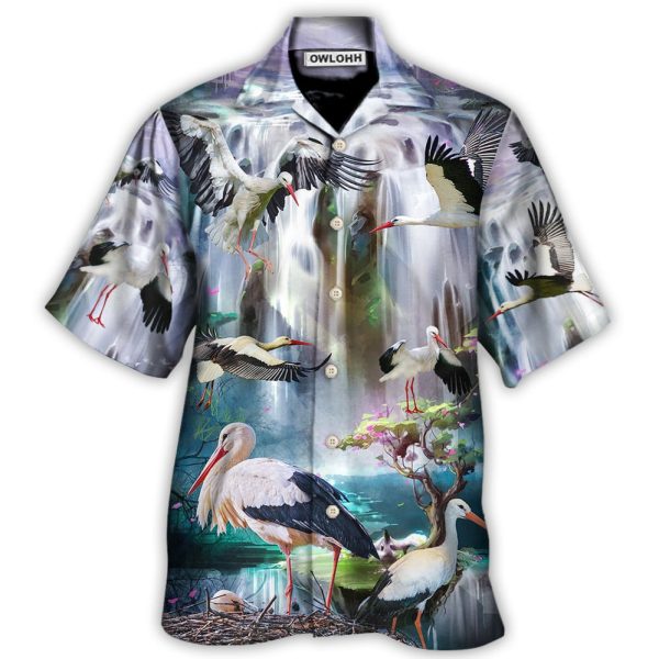 Stork Bird In The Dreamy Waterfall - Hawaiian Shirt Jezsport.com