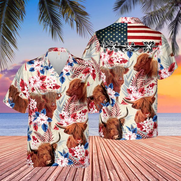 Unique Highland Cattle American Flag Hawaiian Flowers All Over Printed 3D Hawaiian Shirt Jezsport.com