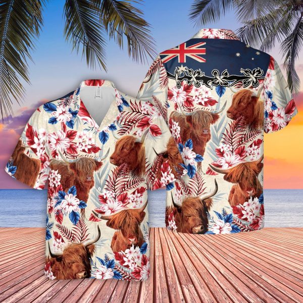 Unique Highland Cattle Australia Flag Hawaiian Flowers Hawaiian Shirt Jezsport.com