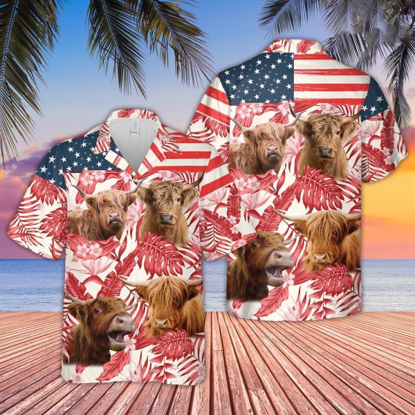 Unique Highland Red Floral US Flag 3D Hawaiian Shirt Jezsport.com